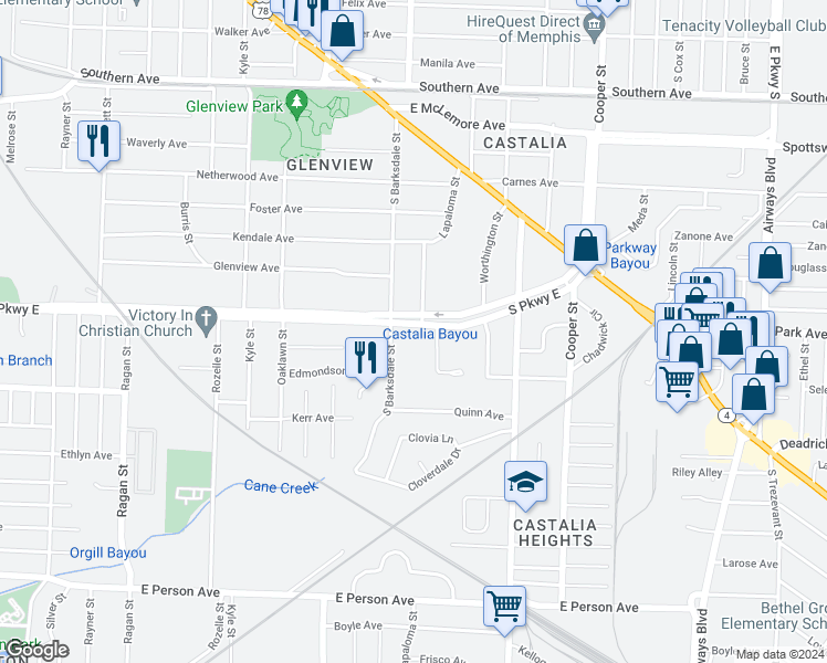map of restaurants, bars, coffee shops, grocery stores, and more near in Memphis