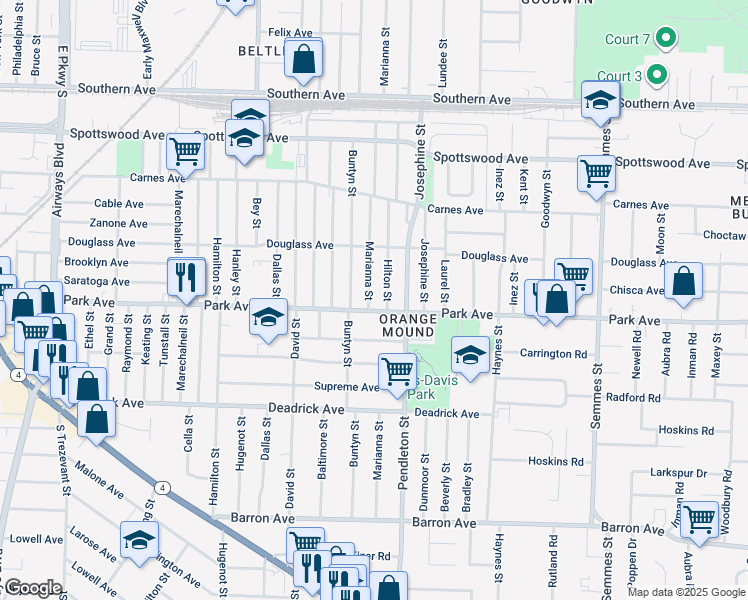 map of restaurants, bars, coffee shops, grocery stores, and more near 843 Marianna Street in Memphis