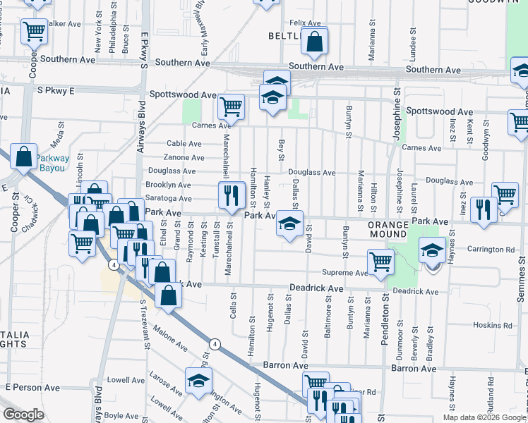 map of restaurants, bars, coffee shops, grocery stores, and more near 848 Hamilton Street in Memphis