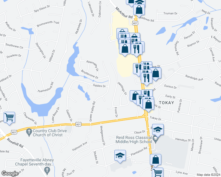 map of restaurants, bars, coffee shops, grocery stores, and more near 3474 Green Valley Road in Fayetteville