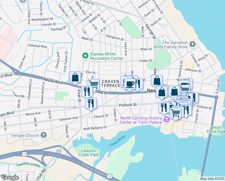 map of restaurants, bars, coffee shops, grocery stores, and more near in New Bern