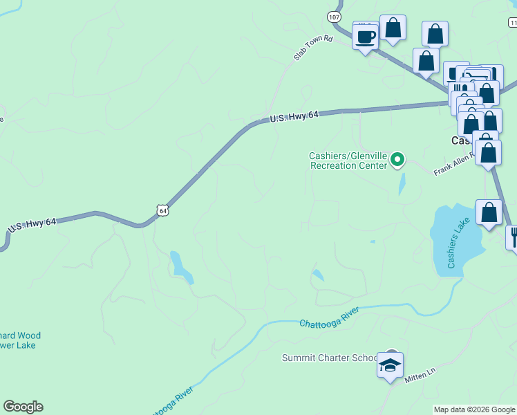 map of restaurants, bars, coffee shops, grocery stores, and more near 56 Crestwood Dr in Cashiers