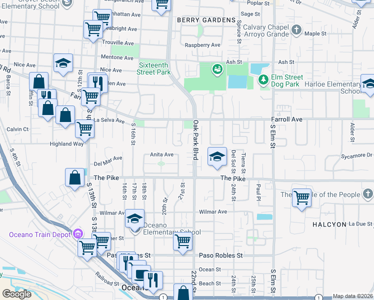 map of restaurants, bars, coffee shops, grocery stores, and more near 1935 Capistrano Court in Grover Beach