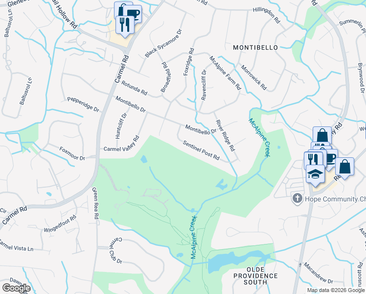 map of restaurants, bars, coffee shops, grocery stores, and more near 4810 Sentinel Post Road in Charlotte