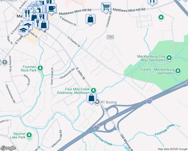 map of restaurants, bars, coffee shops, grocery stores, and more near 212 Morris Road in Matthews