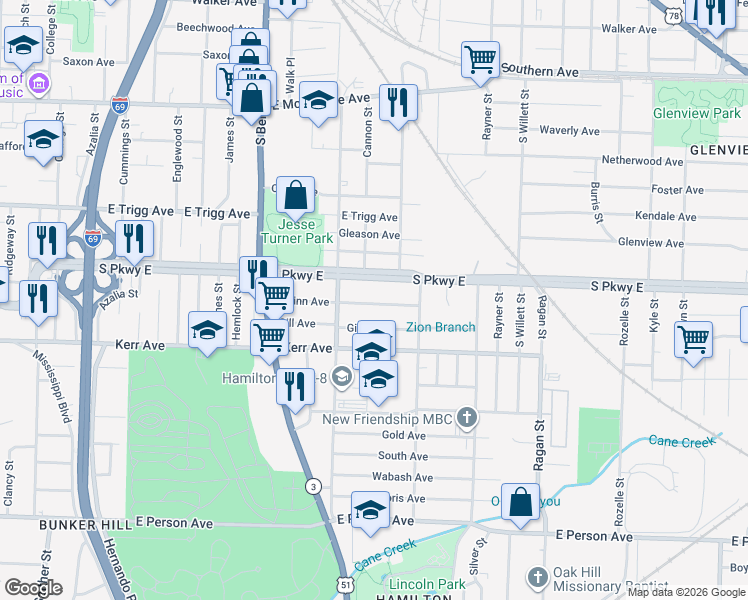 map of restaurants, bars, coffee shops, grocery stores, and more near 1366 Quinn Avenue in Memphis