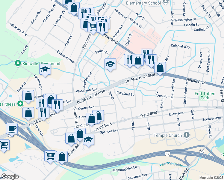 map of restaurants, bars, coffee shops, grocery stores, and more near 617 Franklin Avenue in New Bern