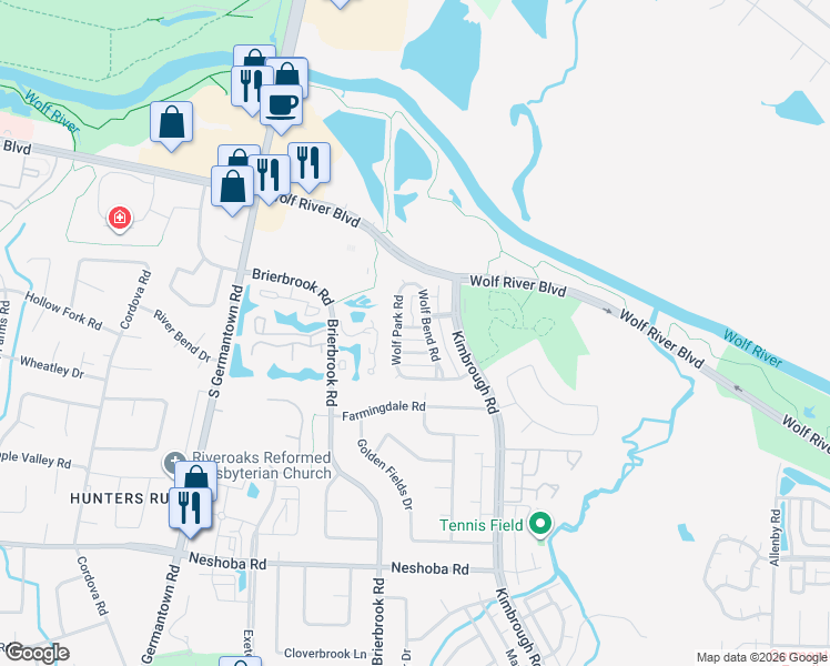 map of restaurants, bars, coffee shops, grocery stores, and more near 1465 Wolf Bend Road in Germantown