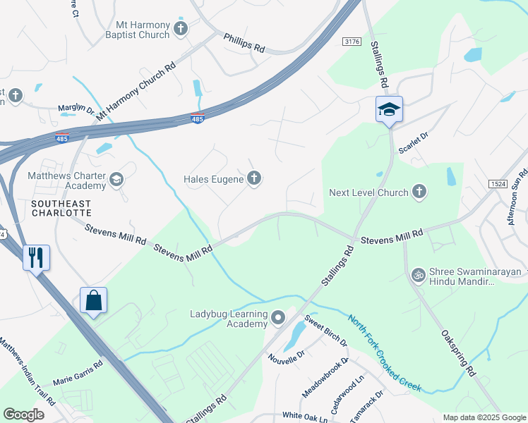 map of restaurants, bars, coffee shops, grocery stores, and more near 3133 Stevens Mill Road in Matthews