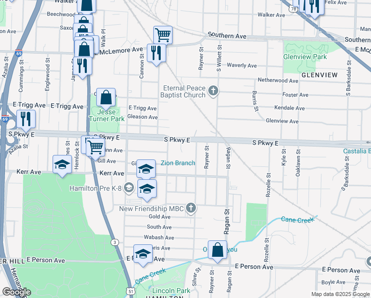 map of restaurants, bars, coffee shops, grocery stores, and more near 1463 South Parkway East in Memphis