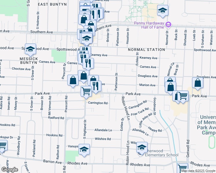 map of restaurants, bars, coffee shops, grocery stores, and more near 3584 Marion Avenue in Memphis