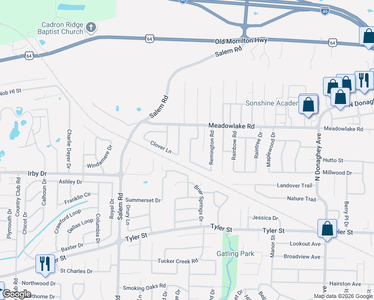map of restaurants, bars, coffee shops, grocery stores, and more near 2230 Cedar Oaks Drive in Conway