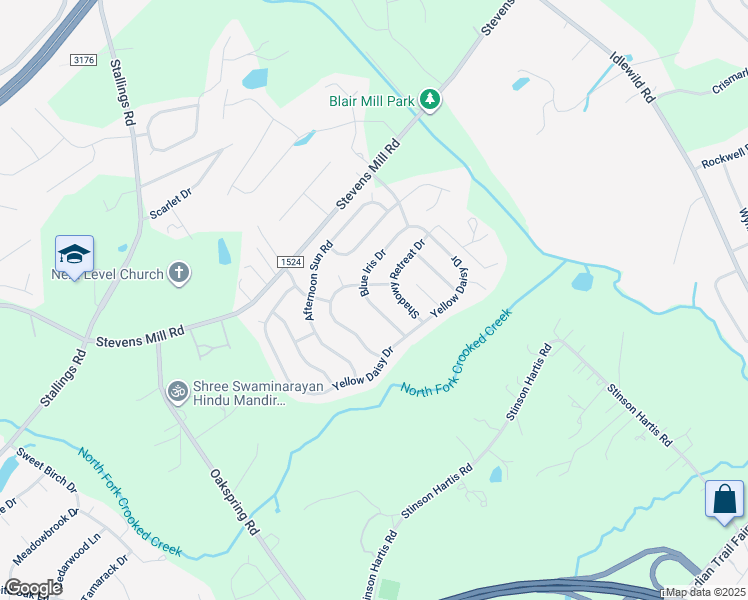 map of restaurants, bars, coffee shops, grocery stores, and more near 2109 Blue Iris Drive in Stallings