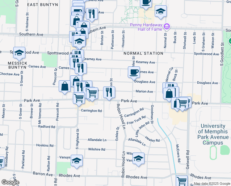map of restaurants, bars, coffee shops, grocery stores, and more near 3634 Marion Avenue in Memphis