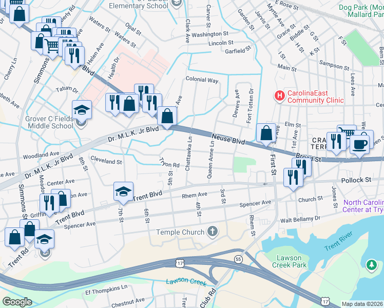 map of restaurants, bars, coffee shops, grocery stores, and more near 601 Chattawka Lane in New Bern