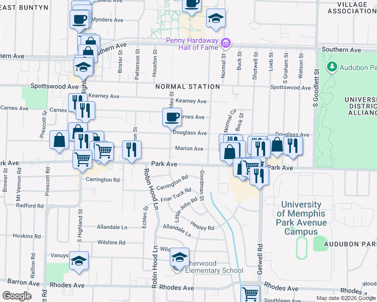 map of restaurants, bars, coffee shops, grocery stores, and more near 3764 Marion Avenue in Memphis