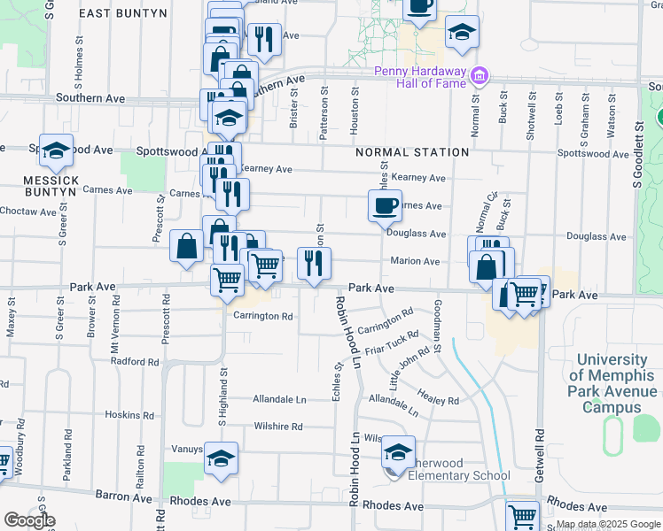 map of restaurants, bars, coffee shops, grocery stores, and more near 3634 Marion Avenue in Memphis