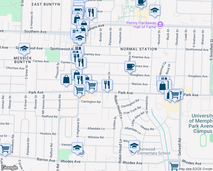 map of restaurants, bars, coffee shops, grocery stores, and more near 3634 Marion Avenue in Memphis