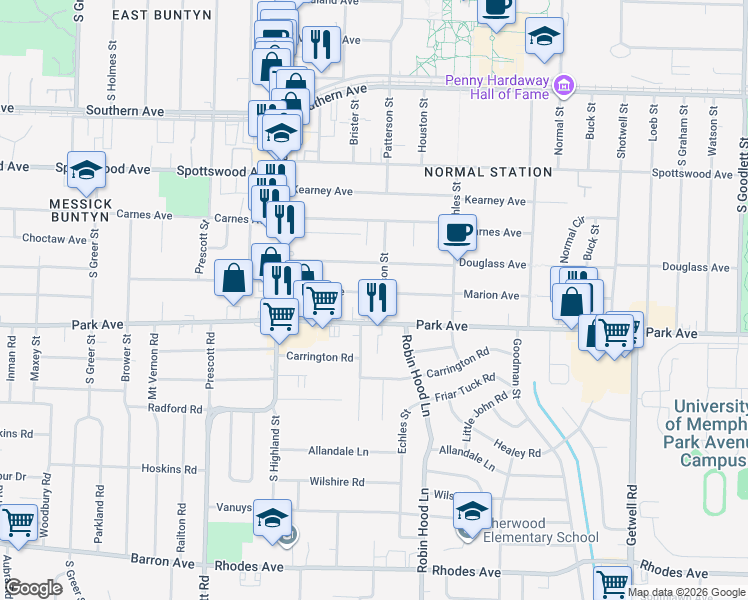 map of restaurants, bars, coffee shops, grocery stores, and more near 3634 Marion Avenue in Memphis