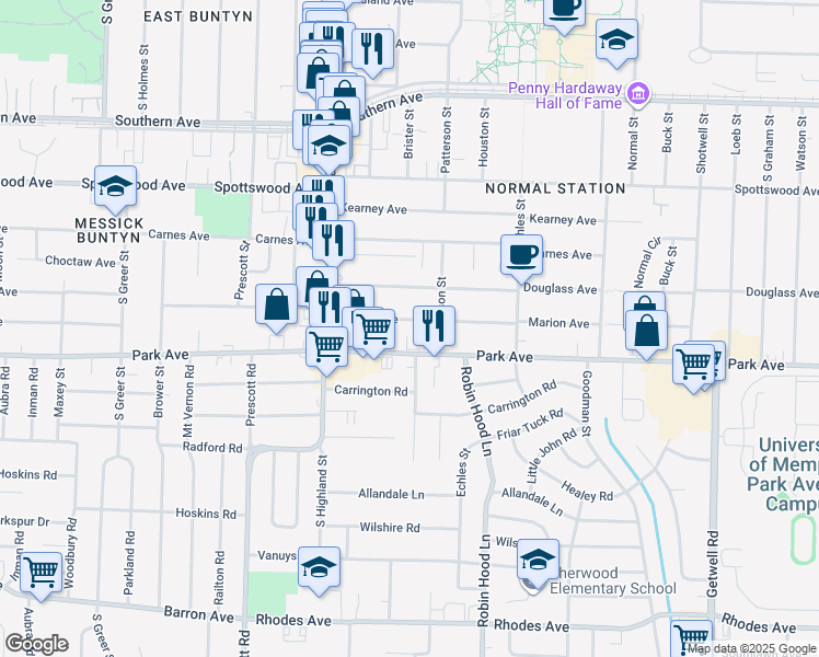 map of restaurants, bars, coffee shops, grocery stores, and more near 3584 Marion Avenue in Memphis