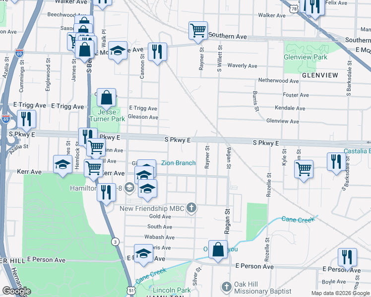 map of restaurants, bars, coffee shops, grocery stores, and more near 1463 South Parkway East in Memphis