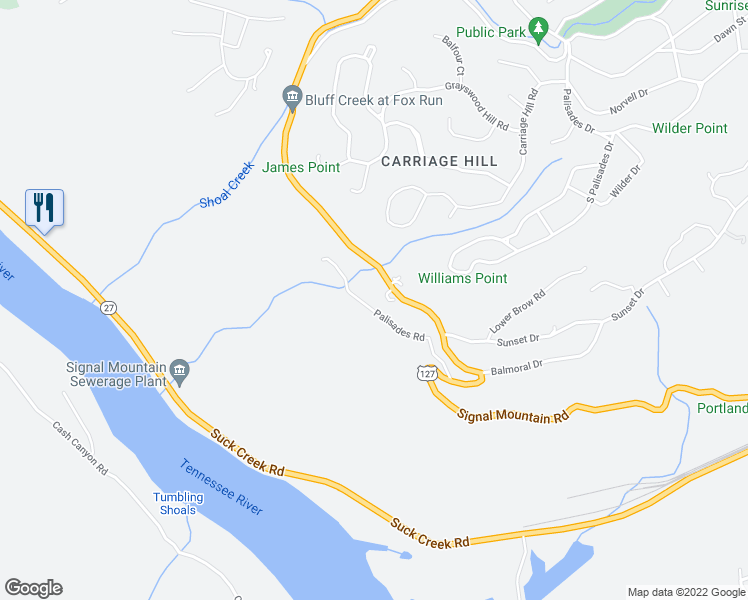 map of restaurants, bars, coffee shops, grocery stores, and more near 1447 Palisades Road in Signal Mountain