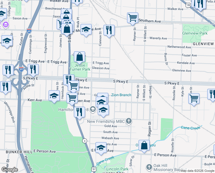 map of restaurants, bars, coffee shops, grocery stores, and more near 1379 South Parkway East in Memphis
