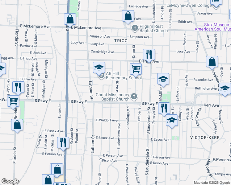 map of restaurants, bars, coffee shops, grocery stores, and more near 1398 Aste Street in Memphis