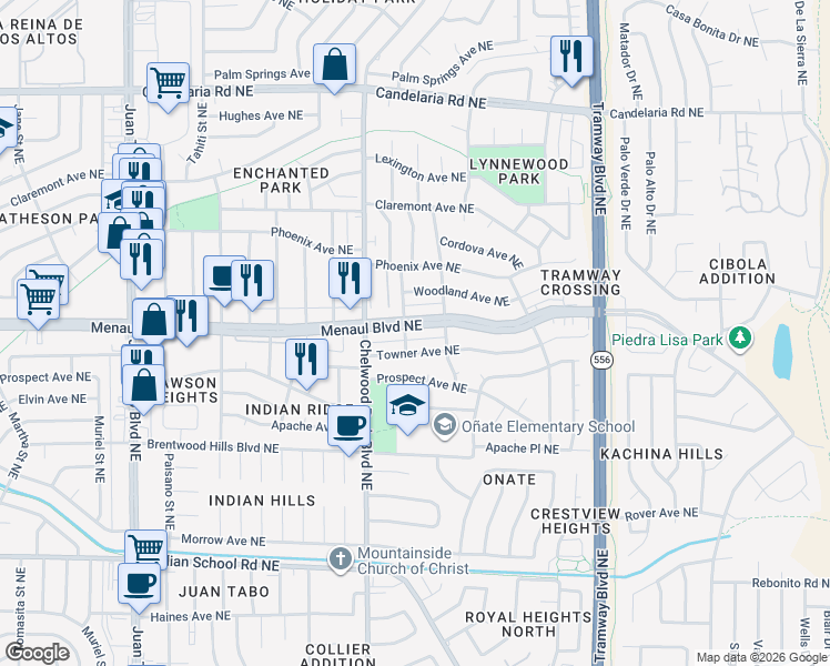 map of restaurants, bars, coffee shops, grocery stores, and more near 12104 Menaul Boulevard Northeast in Albuquerque
