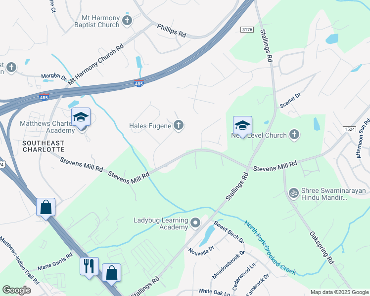 map of restaurants, bars, coffee shops, grocery stores, and more near 3133 Stevens Mill Road in Matthews