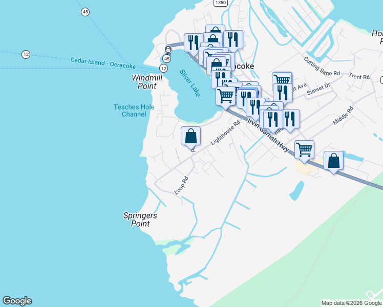 map of restaurants, bars, coffee shops, grocery stores, and more near 100 Creek Road in Ocracoke