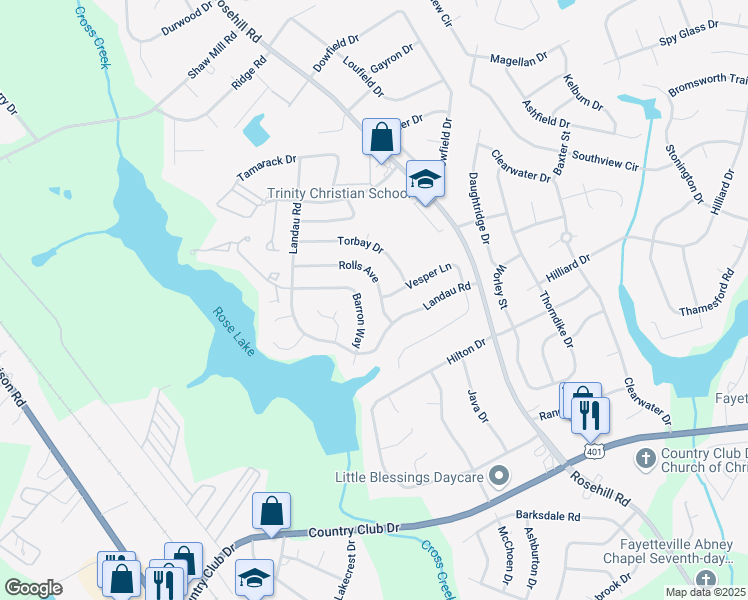 map of restaurants, bars, coffee shops, grocery stores, and more near 3511 Rolls Avenue in Fayetteville