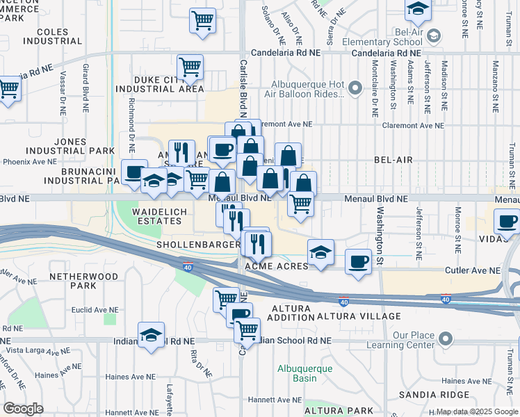 map of restaurants, bars, coffee shops, grocery stores, and more near in Albuquerque