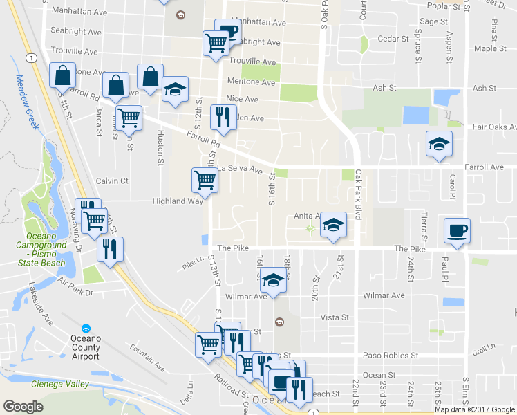 map of restaurants, bars, coffee shops, grocery stores, and more near 1206 Capitola Street in Grover Beach