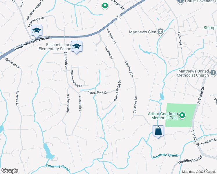 map of restaurants, bars, coffee shops, grocery stores, and more near 318 Southern Cross Lane in Matthews