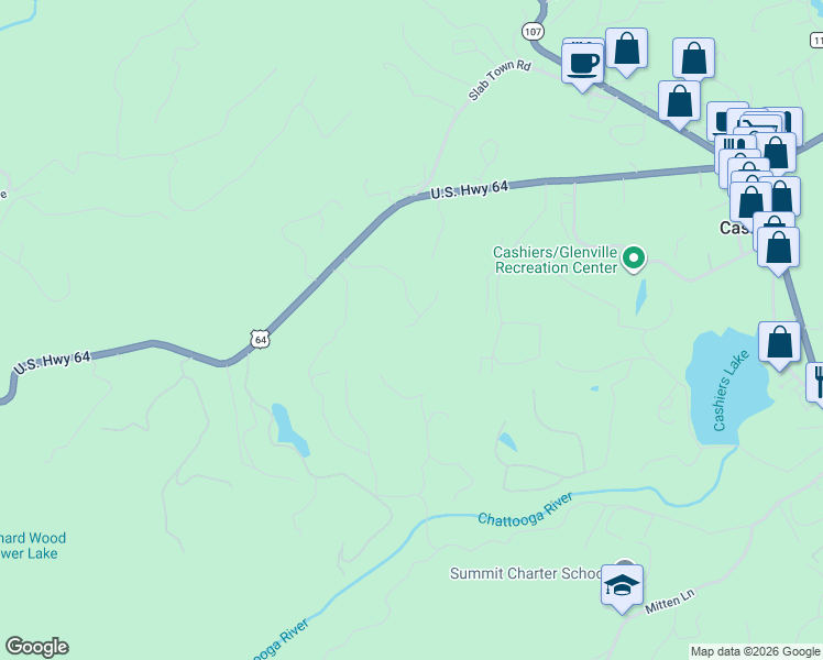 map of restaurants, bars, coffee shops, grocery stores, and more near 270-56 Crestwood Dr in Cashiers