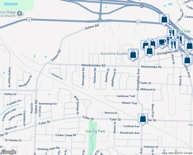 map of restaurants, bars, coffee shops, grocery stores, and more near 2210 Rainbow Drive in Conway