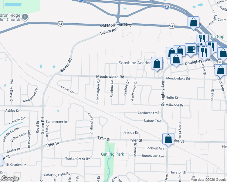 map of restaurants, bars, coffee shops, grocery stores, and more near 2210 Rainbow Drive in Conway