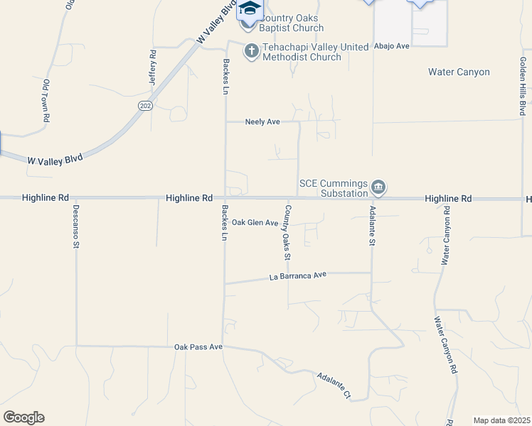 map of restaurants, bars, coffee shops, grocery stores, and more near 20851 Oak Glen Avenue in Tehachapi