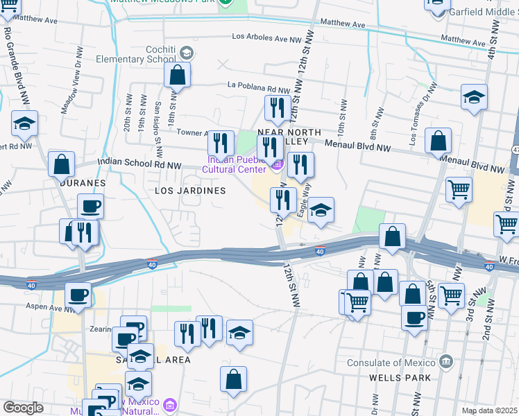 map of restaurants, bars, coffee shops, grocery stores, and more near 2001 12th Street Northwest in Albuquerque