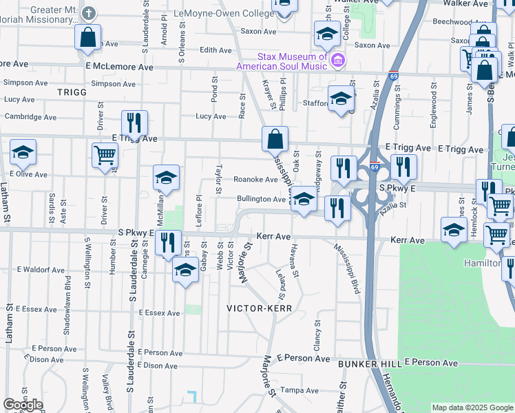 map of restaurants, bars, coffee shops, grocery stores, and more near 797 Bullington Avenue in Memphis