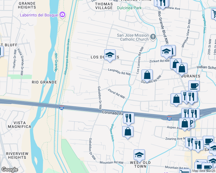 map of restaurants, bars, coffee shops, grocery stores, and more near 2939 Duranes Road Northwest in Albuquerque