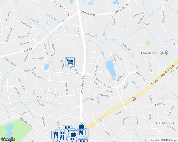 map of restaurants, bars, coffee shops, grocery stores, and more near 7604 Compton Court in Charlotte