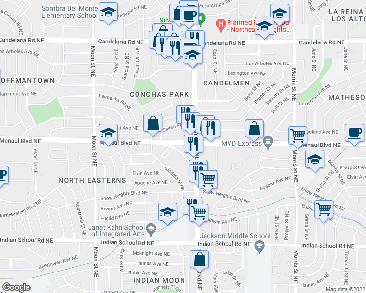 map of restaurants, bars, coffee shops, grocery stores, and more near 9624 Menaul Boulevard Northeast in Albuquerque