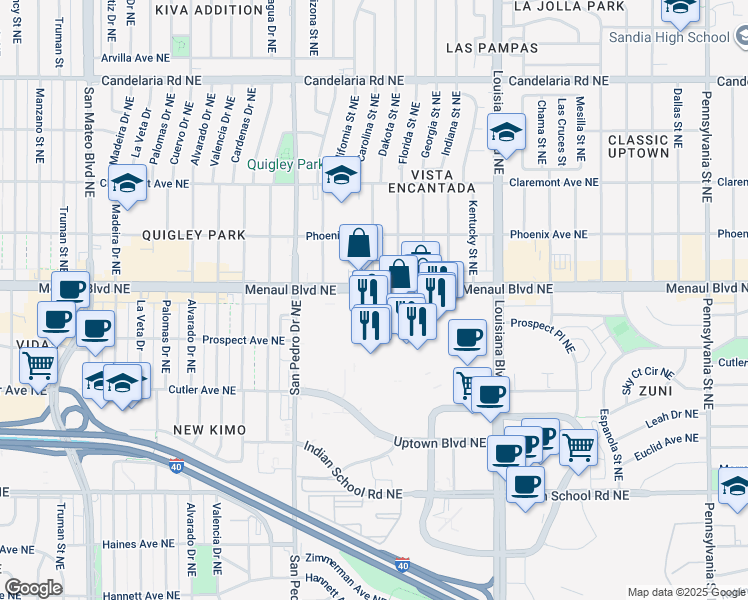 map of restaurants, bars, coffee shops, grocery stores, and more near 6464-6498 Menaul Boulevard Northeast in Albuquerque