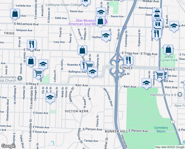 map of restaurants, bars, coffee shops, grocery stores, and more near 889 Bullington Avenue in Memphis