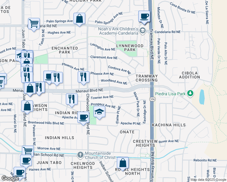 map of restaurants, bars, coffee shops, grocery stores, and more near in Albuquerque