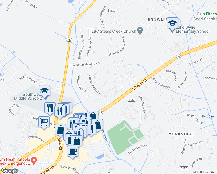 map of restaurants, bars, coffee shops, grocery stores, and more near 12024 Toscana Way in Charlotte
