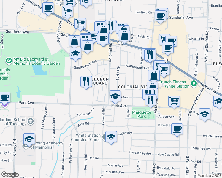 map of restaurants, bars, coffee shops, grocery stores, and more near 728 Hedgegrove Drive in Memphis