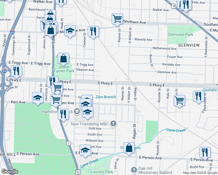 map of restaurants, bars, coffee shops, grocery stores, and more near 1463 South Parkway East in Memphis